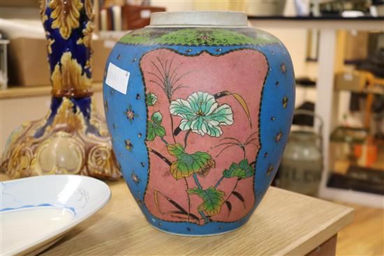 A jardiniere and stand and a ceramic cloisonne jar jardiniere overall 82cm